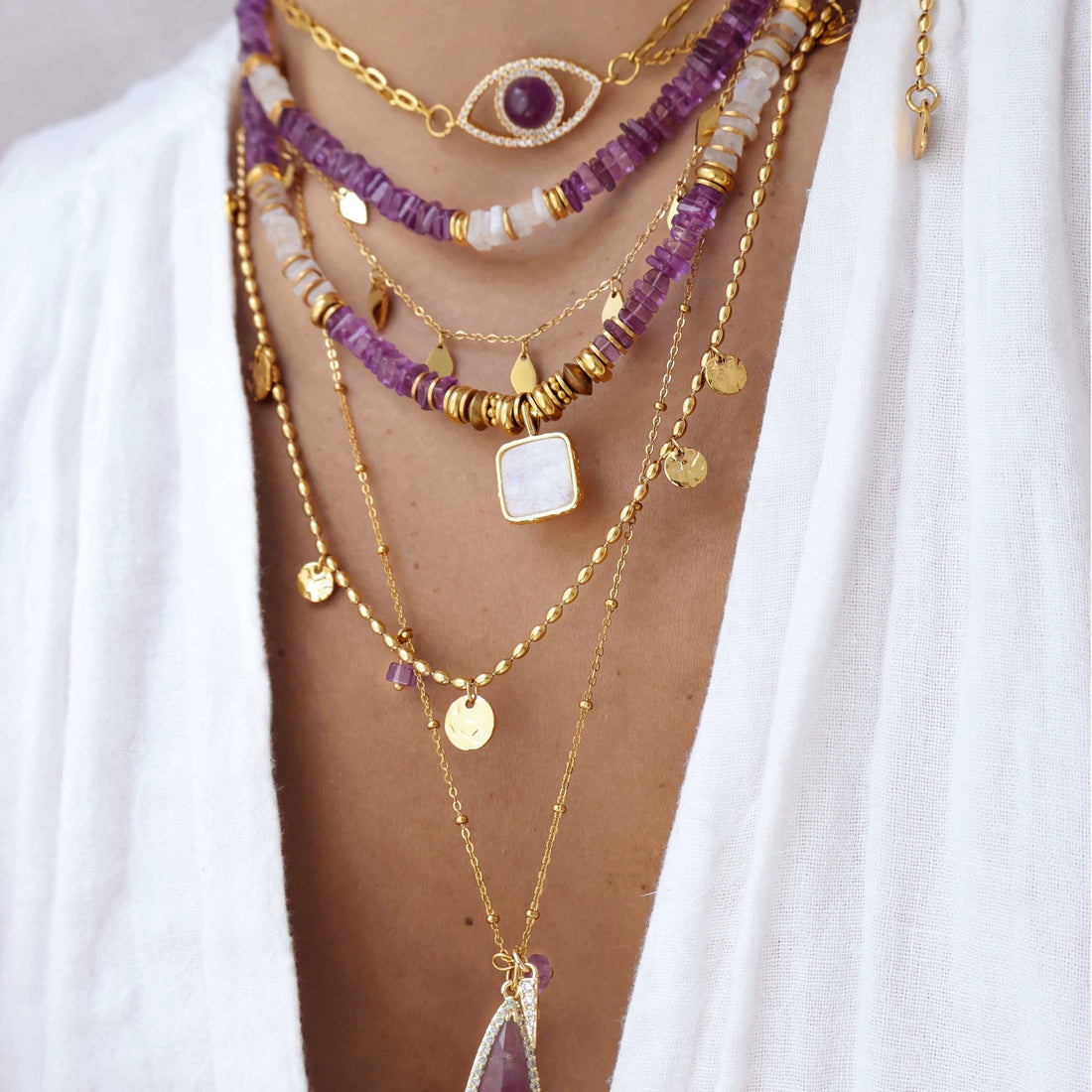 Amor Grace ｜"White and Purple" Amethyst Moonstone Custom Beaded Necklace New Chinese Style Travel Outfit