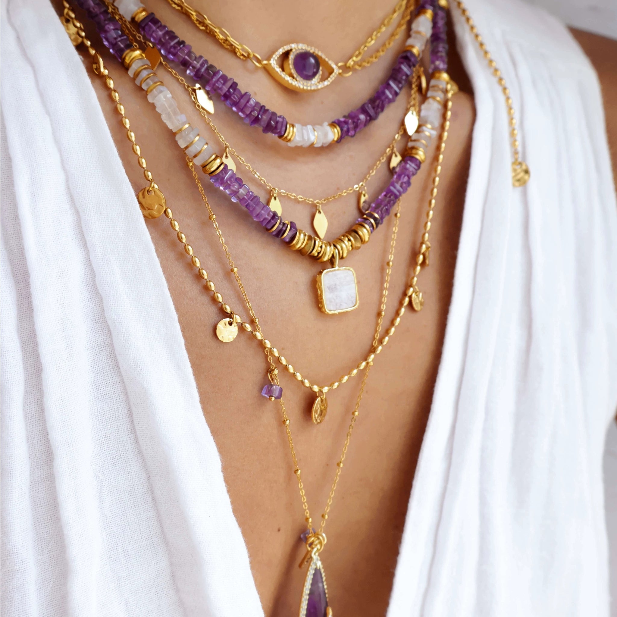 Amor Grace ｜"White and Purple" Amethyst Moonstone Custom Beaded Necklace New Chinese Style Travel Outfit