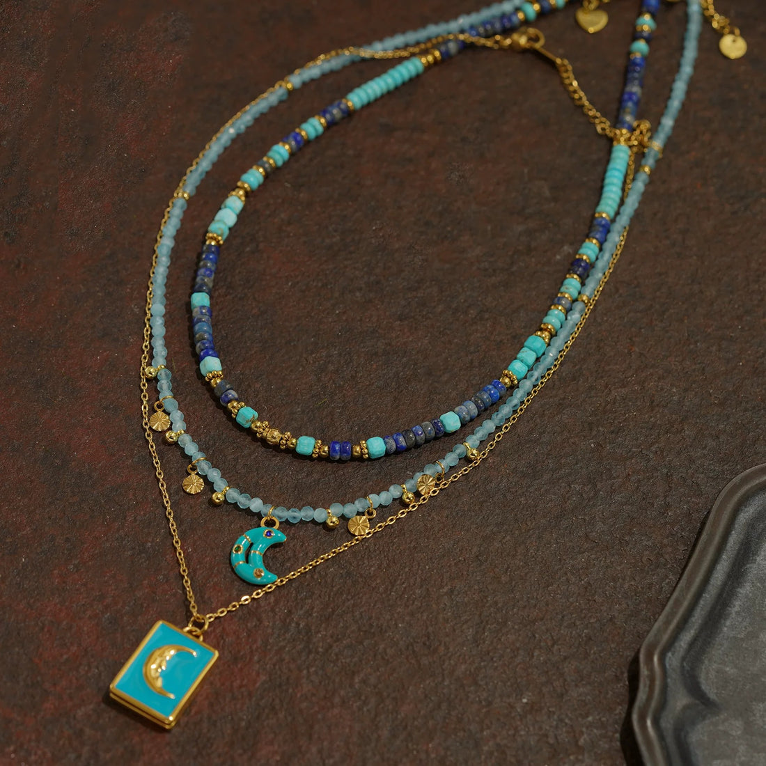 Moon blue layered necklaceNatural stone beaded necklacePhoto box stacking accessories