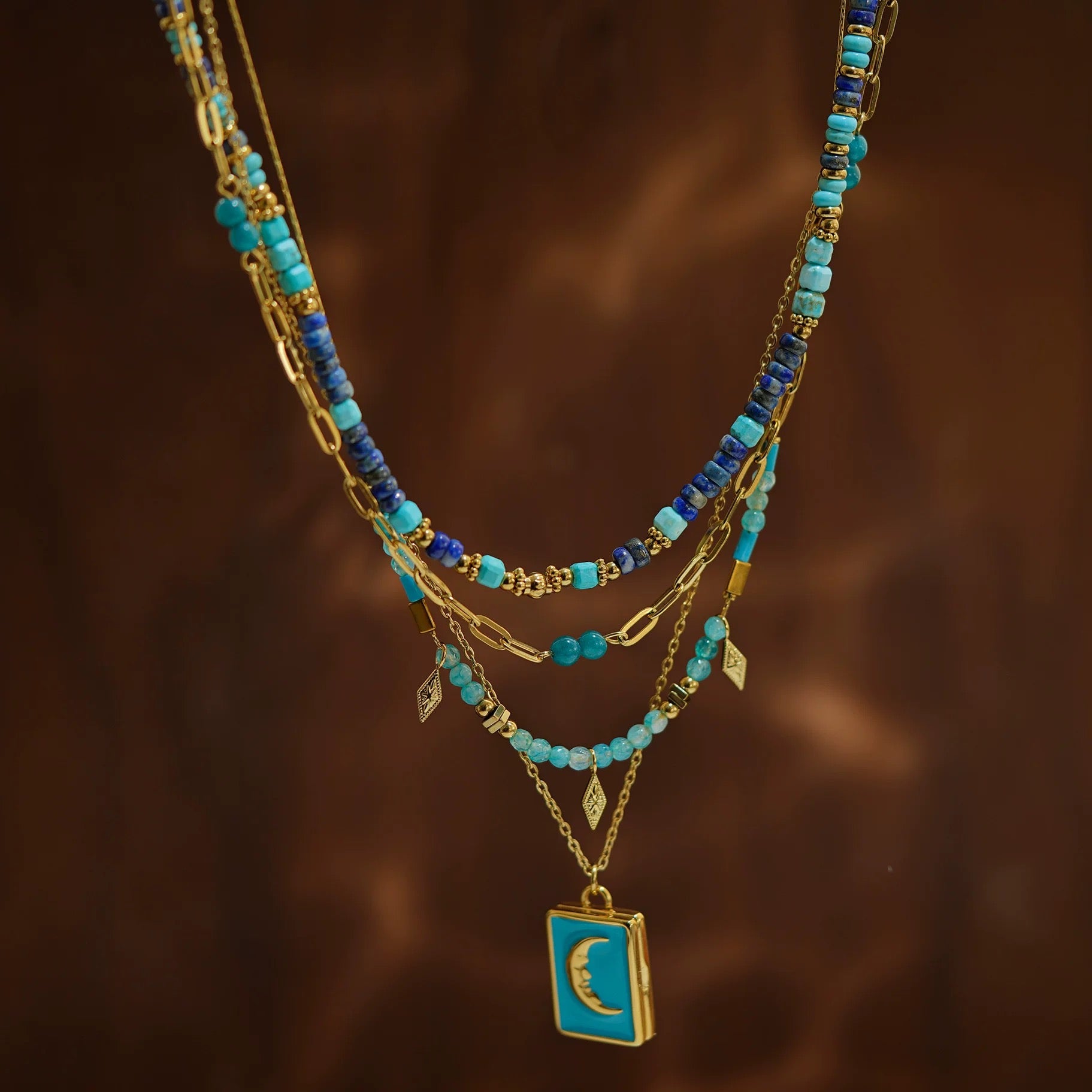 Moon blue layered necklaceNatural stone beaded necklacePhoto box stacking accessories